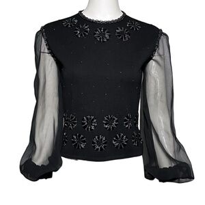 St Andrews Black Beaded Sheer Sleeve Sweater 100% Zephyr Wool Back-Zip Size 8